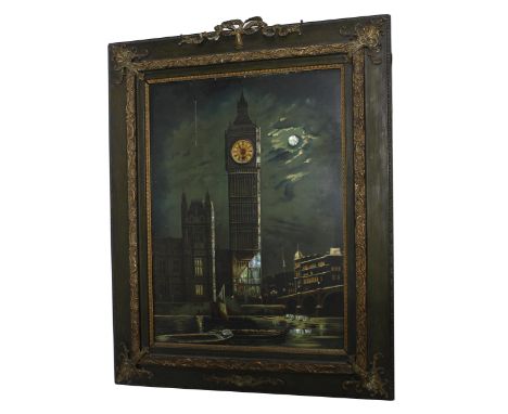 Moonlight picture clock depicting Big Ben and The Houses of Parliament over the Thames, coloured print with mother of pearl i
