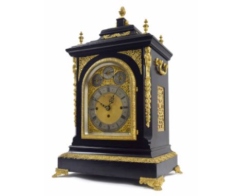 Good English ebonised and ormolu mounted triple fusee boardroom clock, the substantial movement playing on a nest of eight be