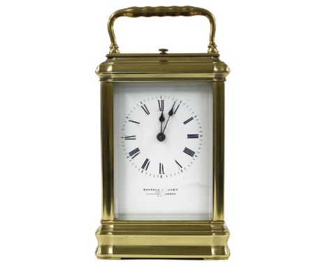 Good repeater carriage clock striking on a gong, the movement back plate stamped no. 1941 and the dial inscribed Barraud &amp