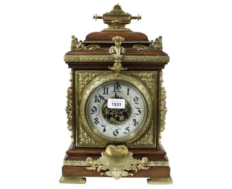 French oak and brass mounted two train mantel clock, the S. Marti movement striking on a gong, the 5" white chapter ring encl