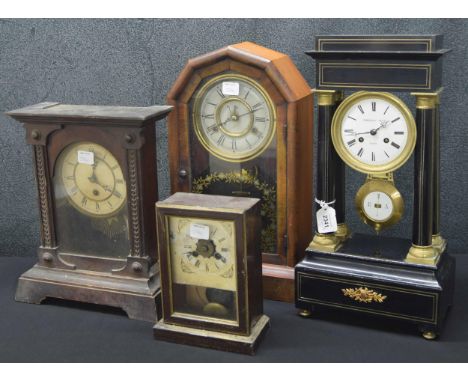 French ebonised portico two train mantel clock striking on a bell, the 4.25" white dial signed Parkinson-Bouts, London, withi