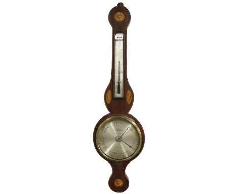 Mahogany inlaid wheel barometer/thermometer, the 8" silvered dial signed S. Molton, St. Lawrence Steps, Norwich, within an eb