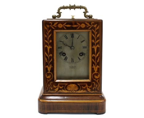 Small French rosewood inlaid two train mantel clock, the silvered dial and movement back plate both signed Le Roy a Paris, wi