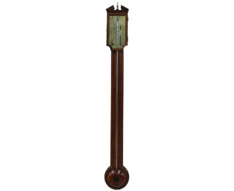 Mahogany stick barometer&nbsp;with thermometer, the brass scale signed Fras Pellegrino Fecit, over a chevron banded flat trun