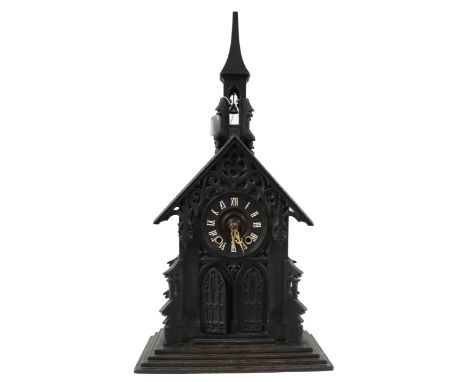 Rare Black Forest automaton two train novelty mantel clock modelled as a church with bell tower, the 4.75" dial over a door o