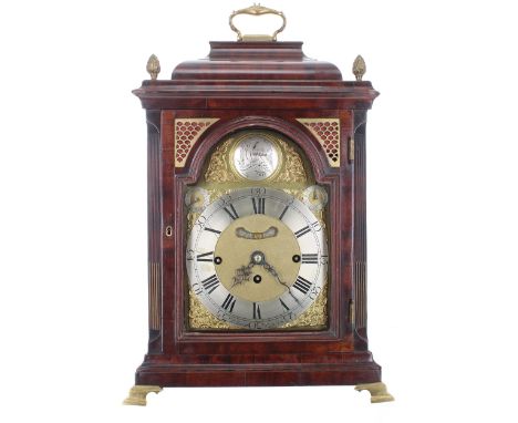 English&nbsp;mahogany triple fusee bracket clock,&nbsp;the 8" brass arched dial signed H. Marsh, London on the silvered chapt