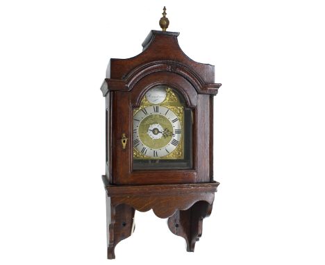 Small oak cased hooded single train verge wall clock with alarm,&nbsp;the 5" brass arched dial signed JN. Ballerd, Hornchurch