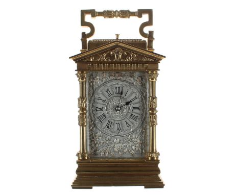 Large French ornate repeater carriage clock striking on a gong, the movement back plate stamped no. 9337, the 2.5" silvered c