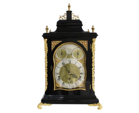 Fine English ebonised and ormolu mounted triple fusee verge bracket clock, the 6.75" silvered chapter ring enclosing a finely