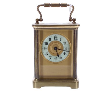Carriage clock timepiece, the 1.75" cream chapter ring enclosing a target centre and within a gilt mask and corniche brass ca