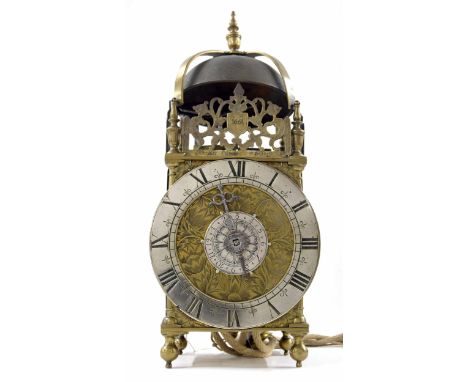 Interesting English brass second period verge hoop and spike lantern clock, signed Nicholas Coxeter Londini to the bottom of 