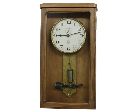 Ato Electrique wall clock, the 5.5" white dial with subsidiary seconds dial, within a light oak glazed case, 18.25" high 