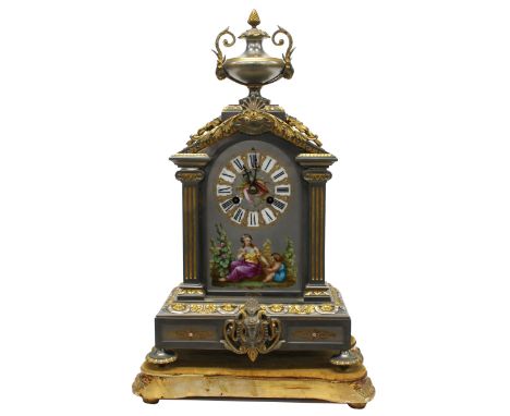 French two train mantel clock striking on a bell, the 4.5" silvered arch dial plate inset with Roman enamel numerals enclosin