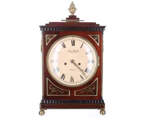 Good English mahogany double fusee mantel clock,&nbsp;the 8" convex cream dial and movement back plate signed James McCabe, R