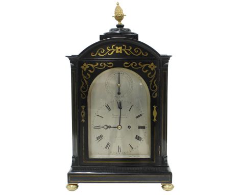 Good English ebonised double fusee bracket clock, the 6.5" silvered arched dial signed James McCabe, Royal Exchange, London n
