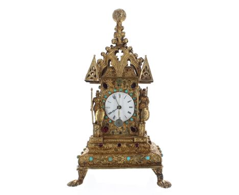 Interesting miniature Austro-Hungarian silver-gilt mantel clock timepiece, the pagoda style case engraved overall with scroll