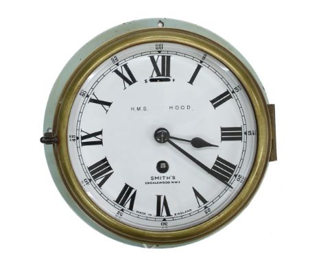 Interesting ship's bulkhead single fusee 7" wall dial clock inscribed H.M.S. Hood, Smith's, Cricklewood, N.W.2,&nbsp;with slo