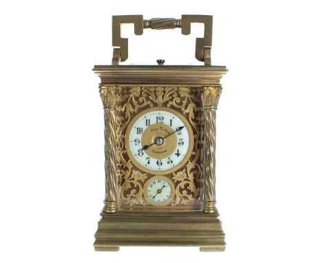 Small repeater carriage clock with alarm and striking on a gong, the 1.5" cream chapter ring enclosing a gilt centre signed J