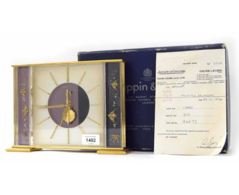 Jaeger-LeCoultre Marina Fish mantel clock timepiece (product code W1001), the 6.5" square dial with open centre exposing the 