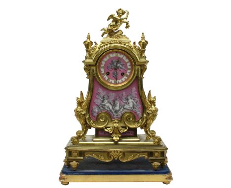 Fine and attractive French ormolu and porcelain panelled two train mantel clock, the Japy Freres movement striking on a bell,