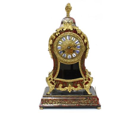 French Boulle two train mantel clock, the 3.5" gilded engraved dial with Roman cartouche enamel numerals, the movement with o