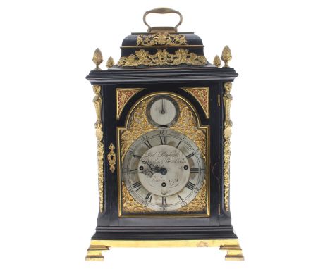 Fine English ebonised triple fusee bracket clock,&nbsp;the 7" brass arched dial signed Paul Rimbault, Denmark Street, Soho, L