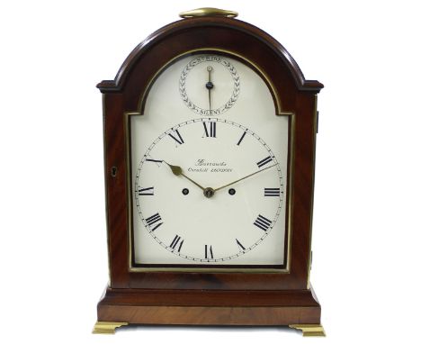 Good English mahogany double fusee bracket clock, the 8" cream painted dial and movement back plate signed Barrauds, Cornhill