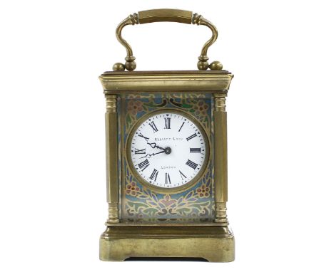 Miniature carriage clock timepiece, the 1.5" white enamel dial signed Elliott &amp; Son, London, within a cloisonne case deco