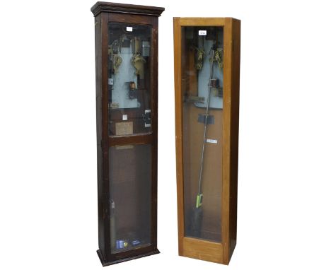 Gent master wall clock, ser. no. 3984/703370, within a light oak glazed case, 50.75" high (pendulum and bob); also another el