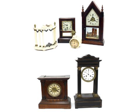 Five various mantel clocks mostly in need of some attention, to include portico clock, mahogany two train mantel clock, two A