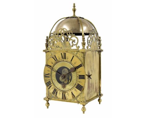 Eureka Cromwellian brass electric lantern clock, the 7" brass dial enclosing a foliate engraved plate inscribed Eureka Clock 