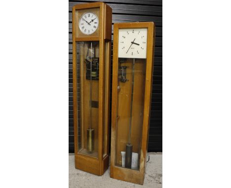 Synchronome electric master clock, the 6.5" silvered dial within a two part light oak glazed stepped case, 58.25" high (pendu