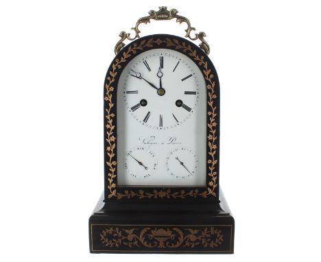 Interesting and unusual French two train calendar mantel clock, the 4" rounded arched dial signed Valogne á Paris beneath the