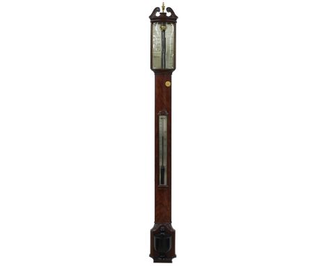 Reproduction bowfront stick barometer/thermometer, the silvered scale over an ebony banded front to the hemispherical vase sh