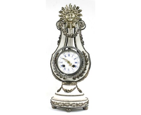 Good French white marble and silvered metal mounted two train lyre mantel clock,&nbsp;the movement back plate bearing the mak