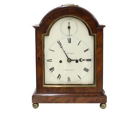 English&nbsp;mahogany double fusee bracket clock, the painted white arched dial signed Simpson, Hadleigh to the centre, under