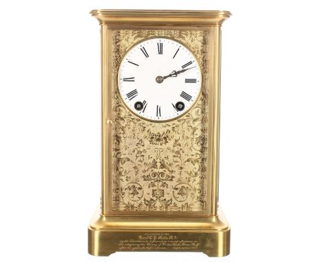 Good French ormolu four glass mantel clock, the movement with later replaced platform escapement and playing on a graduated s