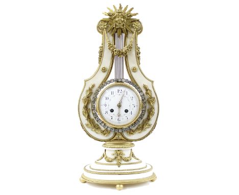 French marble and ormolu mounted two train lyre mantel clock, the S. Marti movement striking on a bell, the 4" white dial wit