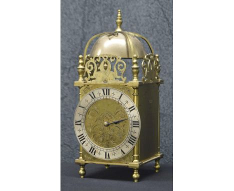 Good small reproduction two train lantern clock with platform escapement, the 4.75" silver chapter ring enclosing a foliate e