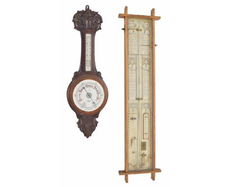 Oak wheel barometer/thermometer, the 8.25" dial signed W. Williams, 29 Castle St, Swansea, within a foliate carved case; also