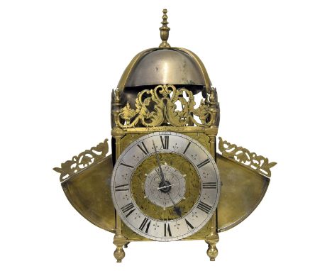 Fine and very rare English brass verge winged hook and spike lantern clock by or from the workshops of Edward East and signed