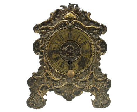 Interesting continental easel verge bracket clock with cow tail pendulum, the 4" brass chapter ring within a brass surround r