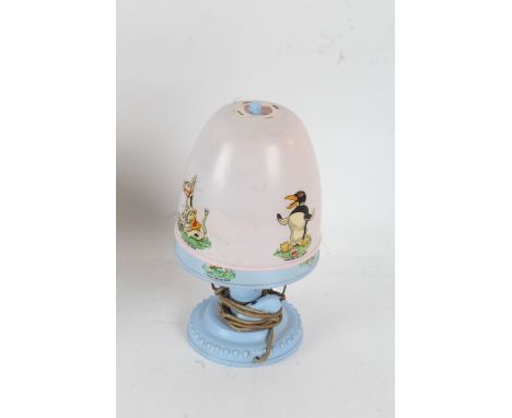 Muffin The Mule children's plastic bedside lamp, having blue plastic base and shade, together with a girls shade in pink, 27c