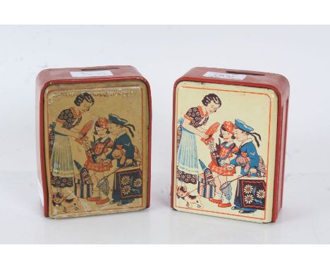 Two mid 20th century tin plate money boxes, each with counters to the front in which the door opens automatically when 36 pen