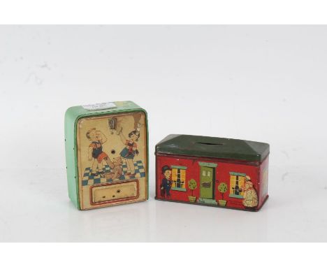 Mid 20th century tin plate money box, with a counter to the front and a door which automatically opens when 36 pennies have b