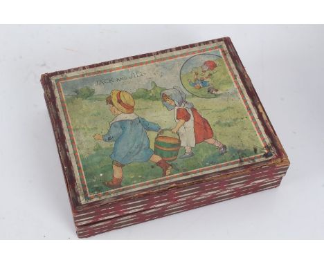 Boxed set of Jack and Jill building blocks, the block also with scenes of Little Bo-Peep, Baa-Baa Black Sheep, There was an o