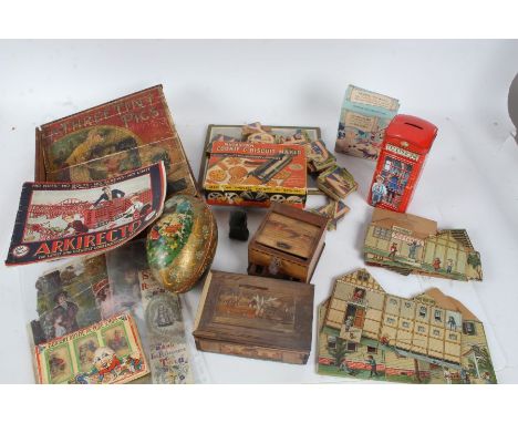 Collection of mixed items, to include a decorated card egg depicting a child playing a musical instrument, a straw work box, 
