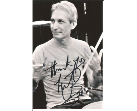 Charlie Watts Rolling Stones authentic signed 6x4 b/w photo. Good Condition. All signed pieces come with a Certificate of Aut