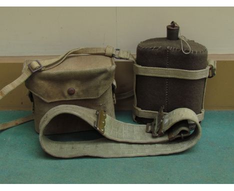 A WWII light canvas binoculars case, webbing belt and a water bottle (3)