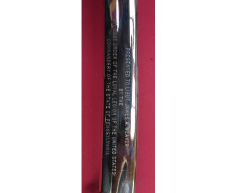 A US military ceremonial sword with plastic grips, engraved blade and personalised engraving to scabbard 